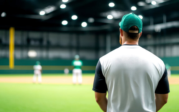 A coach observes players practicing baseball in an indoor facility, focusing on teamwork and skill development.