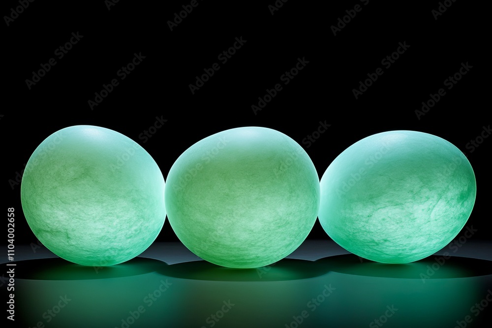 Poster three glowing green eggs displayed on a dark surface with soft lighting for creative and artistic th