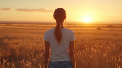 Woman standing in golden field at sunset with warm sunlight