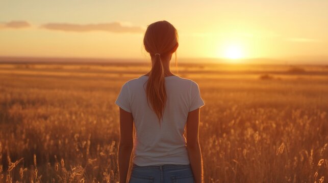 Woman standing in golden field at sunset with warm sunlight