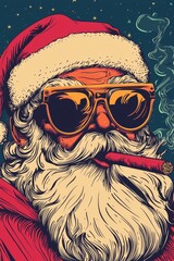 Santa is smoking in the style of 1980s t-shirt design, cool illustration