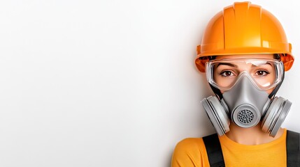 Woman in protective gear showcases safety measures against chemical exposure with an orange helmet and gas mask on a clear backdrop