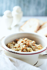 Cabbage with peas. Traditional Polish Christmas Dinner. Bright background.