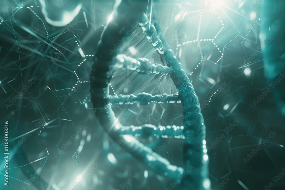 Poster a close-up view of a dna double helix in a futuristic, abstract digital environment.