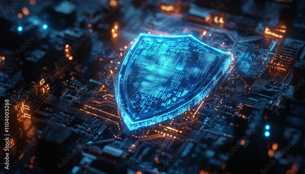 Poster futuristic shield icon glowing in neon blue, embedded in digital circuit board, symbolizes advanced 