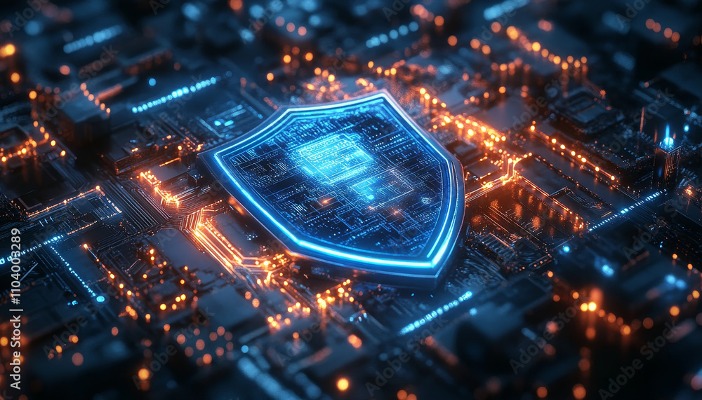 Poster futuristic shield icon glowing in neon blue, embedded in circuit board, symbolizes advanced technolo