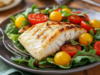 Succulent Grilled White Fish on Rustic Plate with Vibrant Salad Greens - Culinary Delight in Warm Lighting