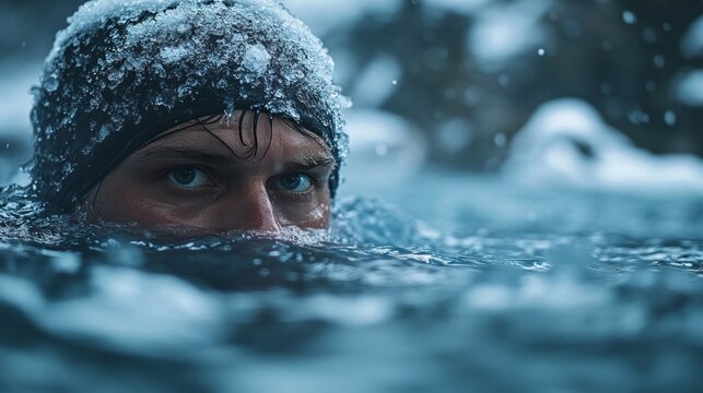 Closeup of man with intense eyes breaking through icy water surface - Powered by Adobe