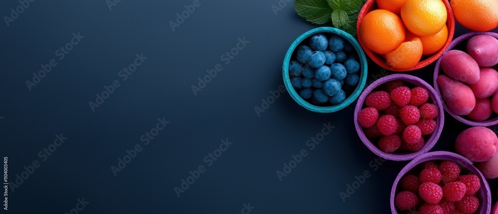 Poster flat lay of various fruits arranged in a circular pattern on a dark blue background. on the left sid