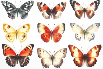 Naklejka premium A collection of colorful butterflies perched on a white background