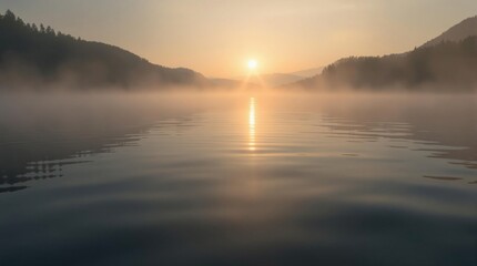 Obraz premium Serene lake at dawn with mist rising from the water's surface, calmness, reflection, mist, serenity, sunrise