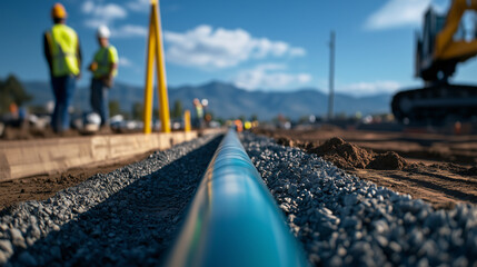 A bright sewer pipe lies neatly within a leveled trench, with a gravel base and protective covering prepared, while construction workers move in the background.