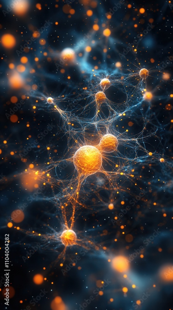 Poster a vibrant cosmic scene depicting glowing particles interconnected through intricate networks, repres