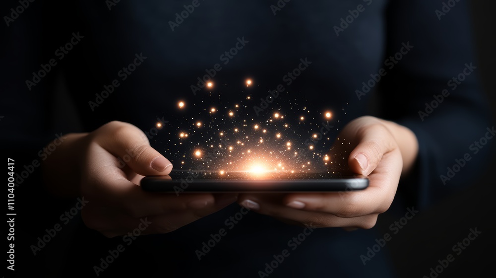 Poster radiant glow from handheld device illuminates the darkness, a captivating display of mobile technolo