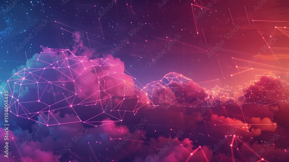 Poster a digital representation of clouds with a network of lines and nodes, suggesting connectivity.
