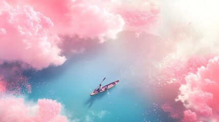 Chinese drama 'pink-colored lake' features pink clouds and blue water, with an aerial view of 1 people rowing in a boat