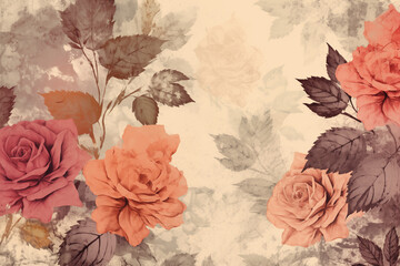 A rose flowers grunge-inspired seamless pattern on faded background for wallpaper or fabric design.