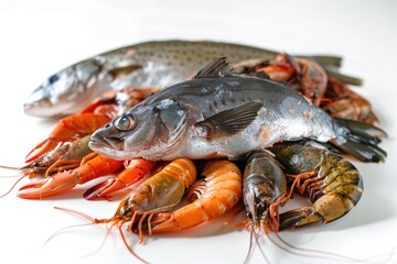 A group of colorful fish and shrimp swimming together on a white background, great for use in food or aquatic-themed designs