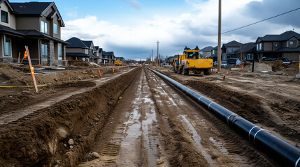 A long stretch of trench runs across a residential construction site, with sewer pipes neatly laid out and ready for final adjustments.