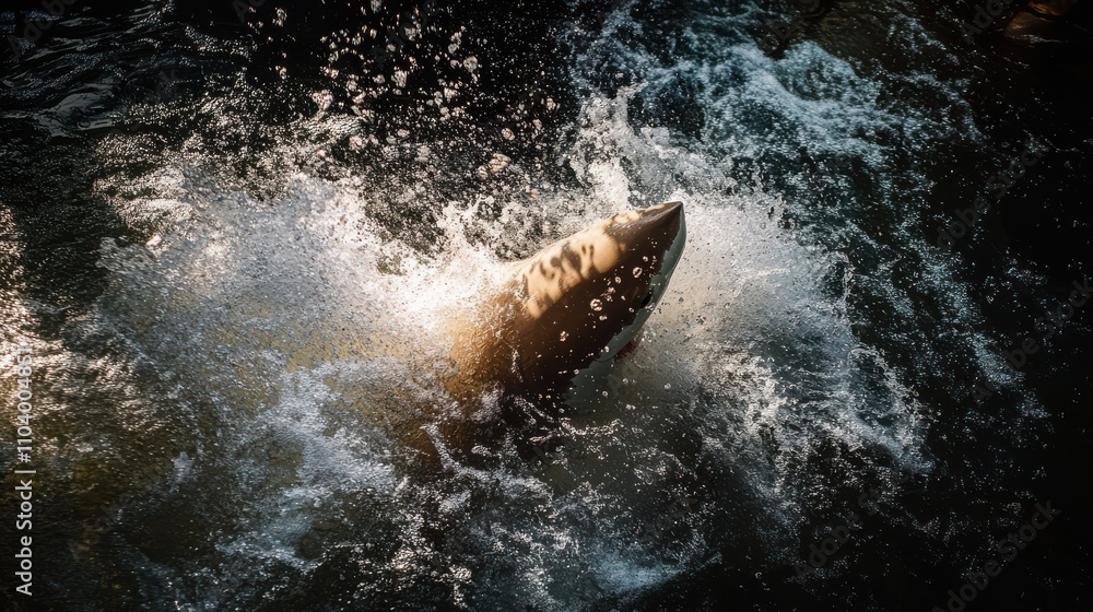 Poster dynamic close-up of a fish breaking the surface of water capturing the splashes and ripples in a ser