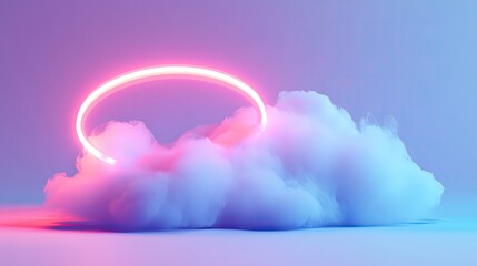 A futuristic mockup package rests on a cloud, with a glowing halo effect and gradient sky background in calming pastel shades.