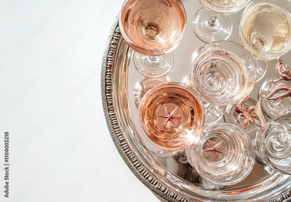 Poster Elegant Array of Glassware Displayed on a Reflective Surface Showcasing Various Styles and Colors for Celebratory or Dining Occasions