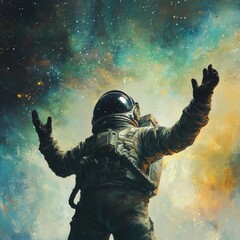 Fototapeta premium Upper body of astronaut looking at the universe, he is happy and looking forward to advetures, illustration book, space colors
