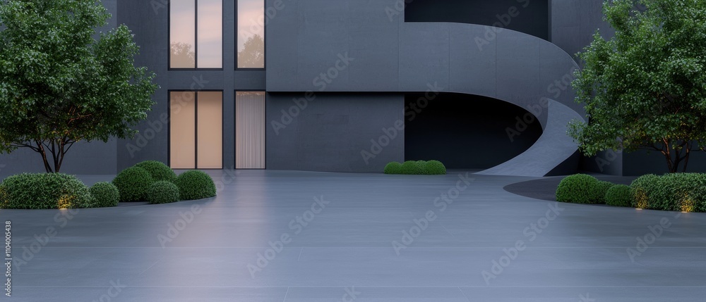Poster modern building with a unique architectural design. the building is made of concrete and has a large