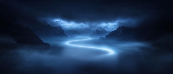 Naklejka premium dark and eerie scene of a winding road in the middle of a mountainous landscape.