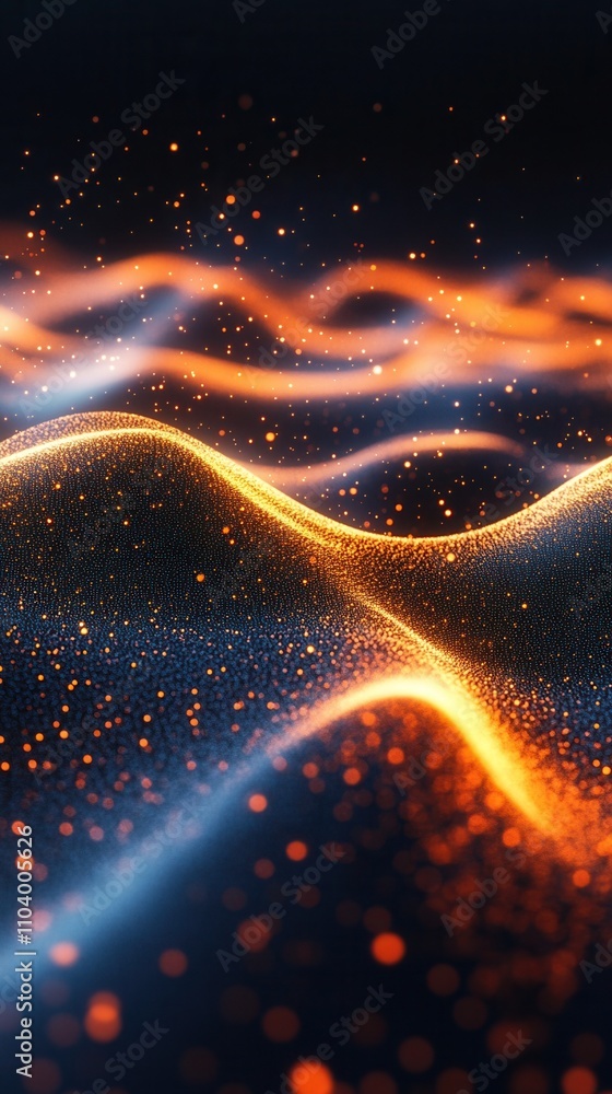 Poster a vibrant abstract composition featuring glowing waves of orange and blue, creating a sense of movem