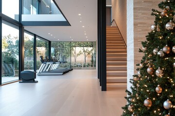 Fototapeta premium A spacious modern gym interior decorated for the holidays features workout equipment, large glass windows, and a beautifully adorned Christmas tree in a serene setting.