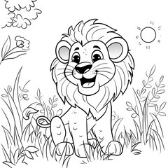 Cute cartoon lion sitting in grass, smiling joyfully, surrounded by flowers and sunshine.