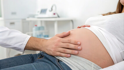 Fototapeta premium doctor's hands on the belly of a pregnant patient, against the background of a white medical office