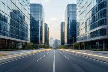 Fototapeta premium Urban Symphony Tranquil Cityscape with Reflective Buildings and Vanishing Road, Modern Corporate District Under Soft Evening Light Architectural Photography