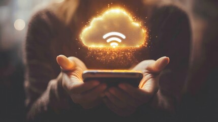 Cloud storage concept with a smartphone and wireless symbol.