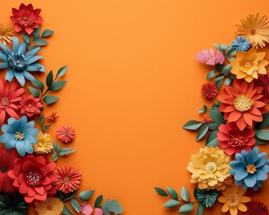 Vibrant Paper Floral Border on Orange, Cheerful Festive Decorative Design and Craft, Symmetrical Macro View for Celebration, Spring Events