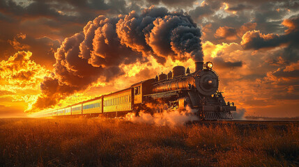 vintage steam locomotive speeds railway tracks surrounded open fields as sun sets creating nostalgic atmosphere filled billowing smoke and colorful skies.