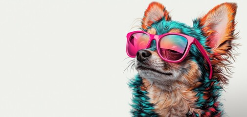 Vibrant Stylized Chihuahua with Pink Sunglasses in Playful Digital Art, Fashionable Pet Portrait on Light Gray Background