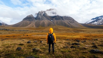 A person standing in front of a foggy mountain landscape, with the expansive sky left open.