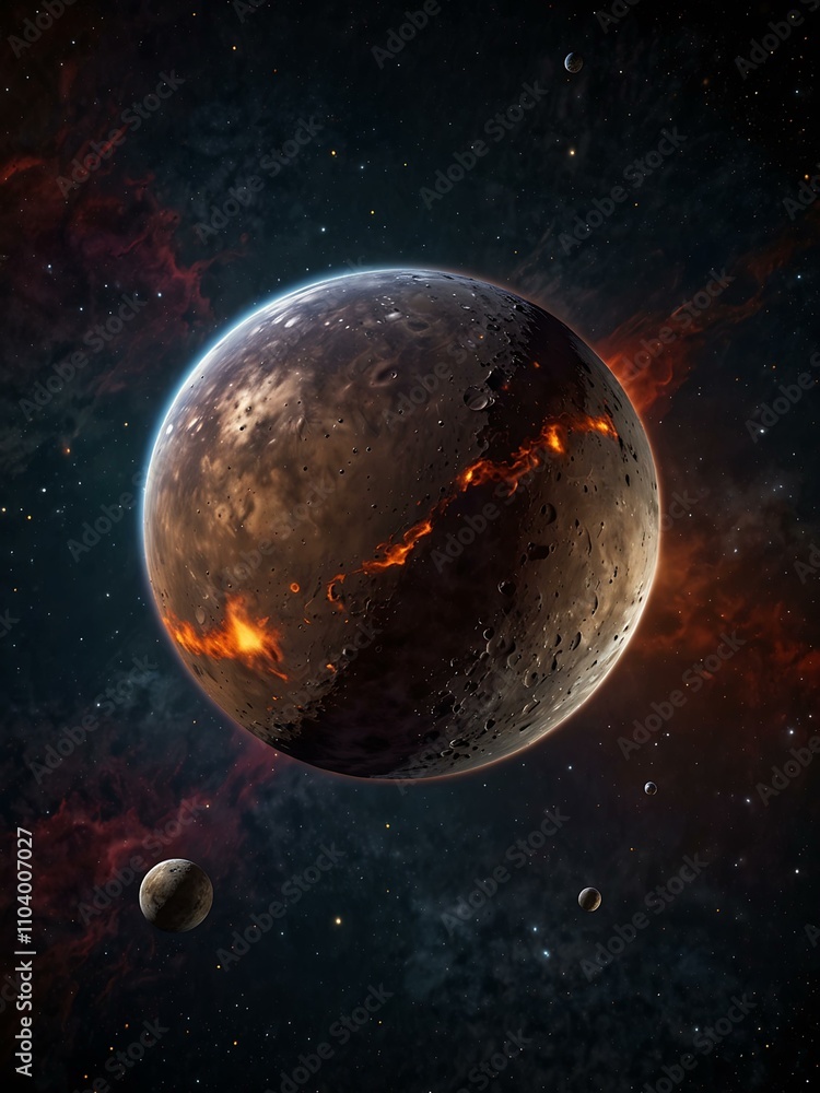 Poster a 3d cartoon rendering of mercury or an exoplanet in space.
