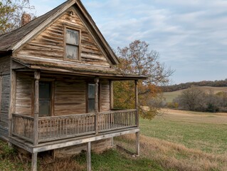 Weathered Wooden House in Autumn Rural Landscape - Serene Abandonment in Nature