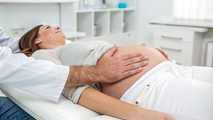 Obraz premium doctor's hands on the belly of a pregnant patient, against the background of a white medical office