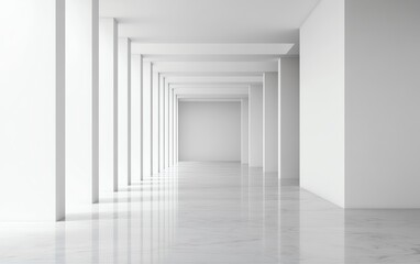 A minimalist corridor with white walls and polished floors, creating a serene atmosphere.