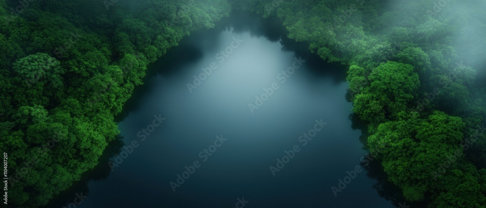 Poster n aerial view of a river flowing through a dense forest. the river is surrounded by tall trees on bo