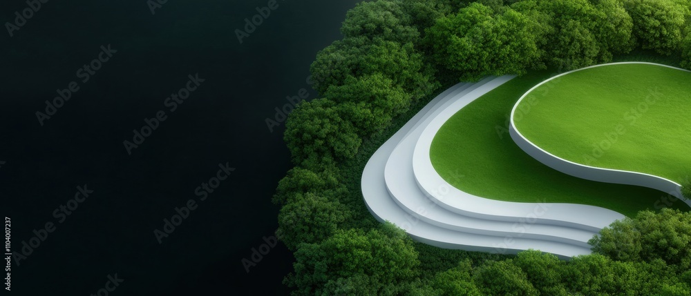 Poster 3d rendering of a winding road in the middle of a lush green forest. the road is made up of multiple