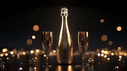 Dark background with golden decorations, a champagne bottle, and two glasses arranged for a luxurious 2025 New Year party vibe.
