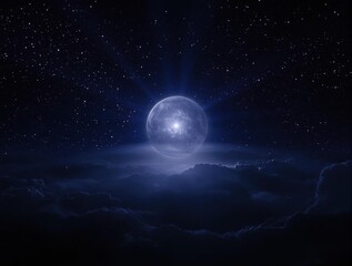 Serene space landscape with a glowing full moon in the background, lunar, orbit, space, moon
