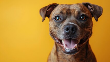 Smiling dog with a happy expression isolated on a yellow background