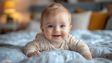 Fototapeta premium Newborn baby smiling and crawling on the bed, capturing motherhood and childcare moments