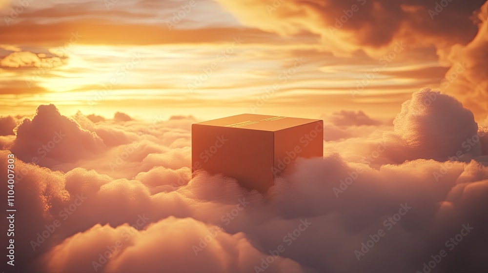 Fototapete dreamlike packaging mockup placed on a cloud in a vibrant sunrise setting with golden highlights and